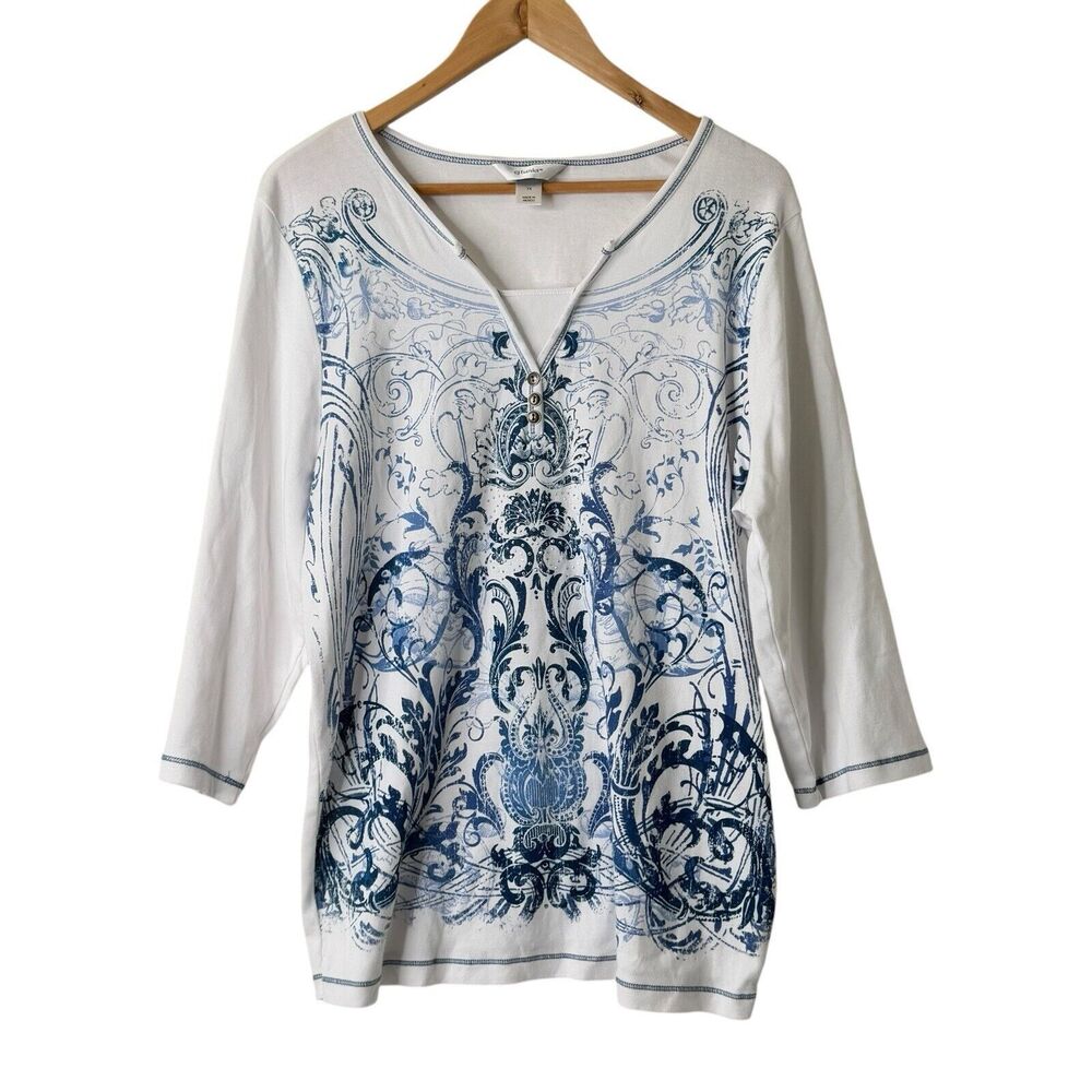 CJ Banks Womens Top Size 1X 3/4 Sleeve Rhinestone White Blue Artsy Fairy Western